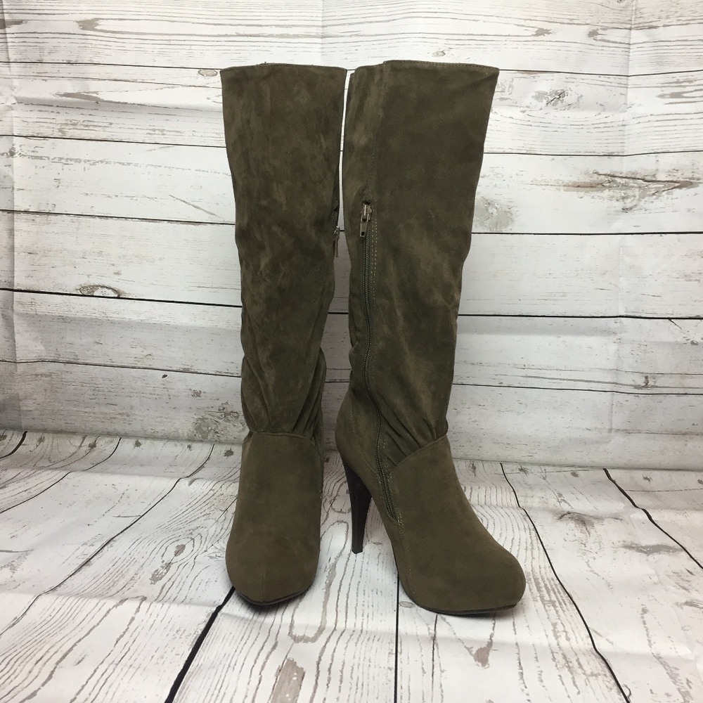 Taupe Stiletto Slip On Knee High Heel Boots New - Picture 3 of 4